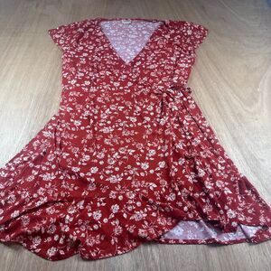 Mossimo Rust Floral Wrap Dress XL Ruffle Hem Fall Layering Short Sleeve